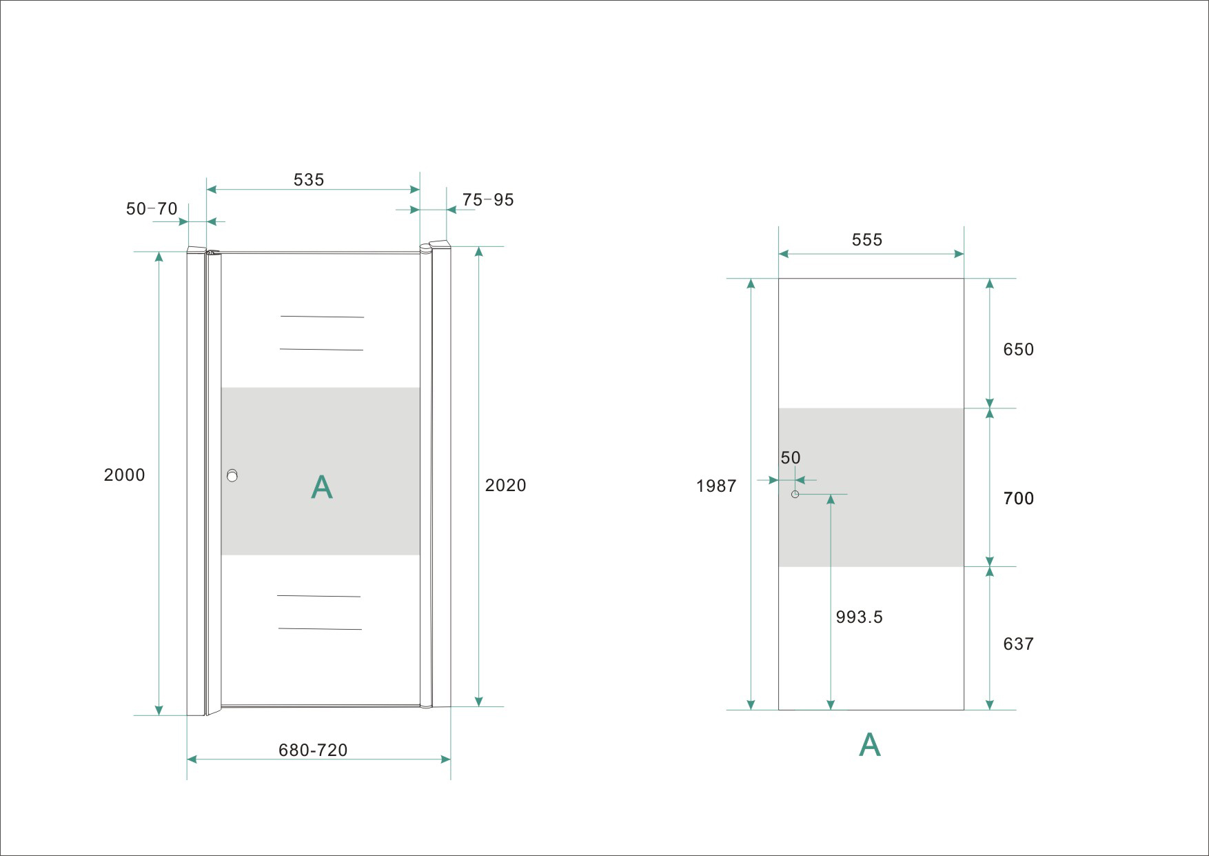 Partly nisdeur rechts 700 x 2000 x 8 mm nano helder glas met melkglas middenband/chroom