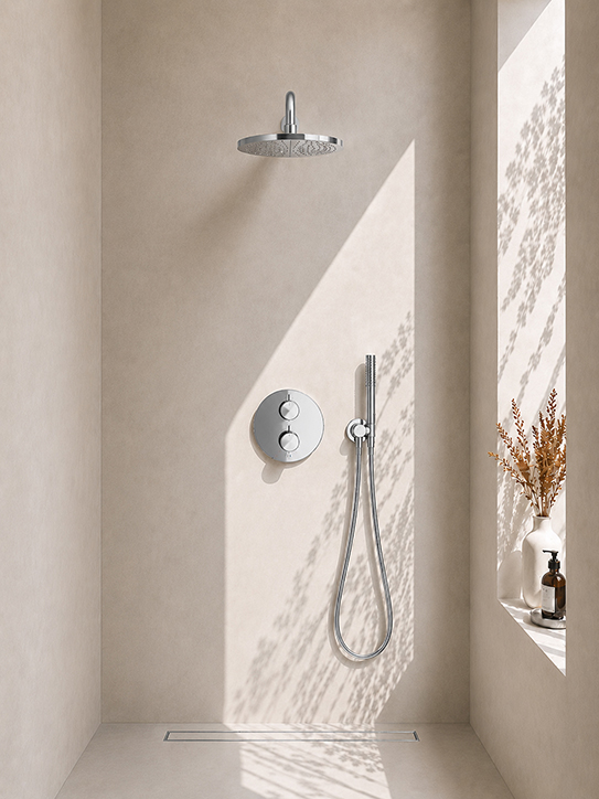 Caral inbouwthermostaat rond compleet met hoofddouche 30 cm en staafhanddouche chroom
