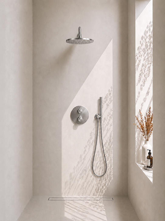 Caral inbouwthermostaat rond compleet met hoofddouche 30 cm en staafhanddouche geborsteld staal