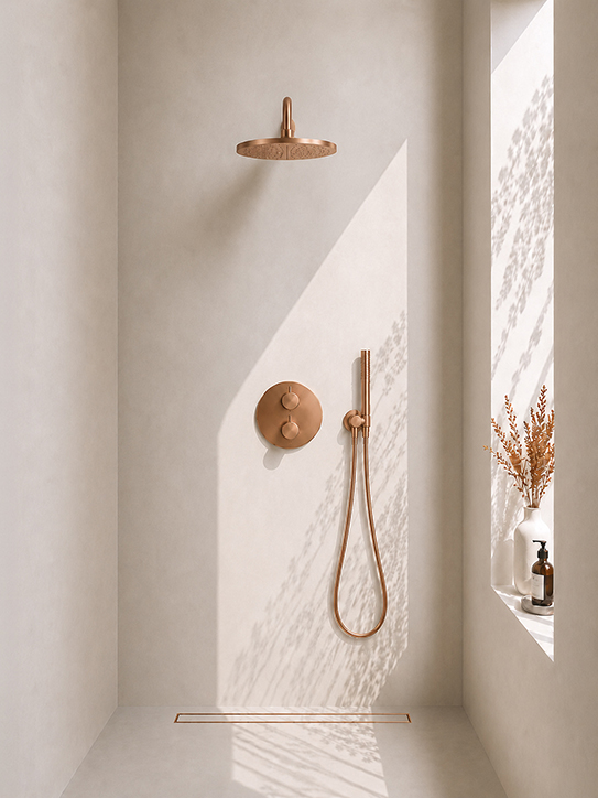 Caral inbouwthermostaat rond compleet met hoofddouche 30 cm en staafhanddouche geborsteld brons koper