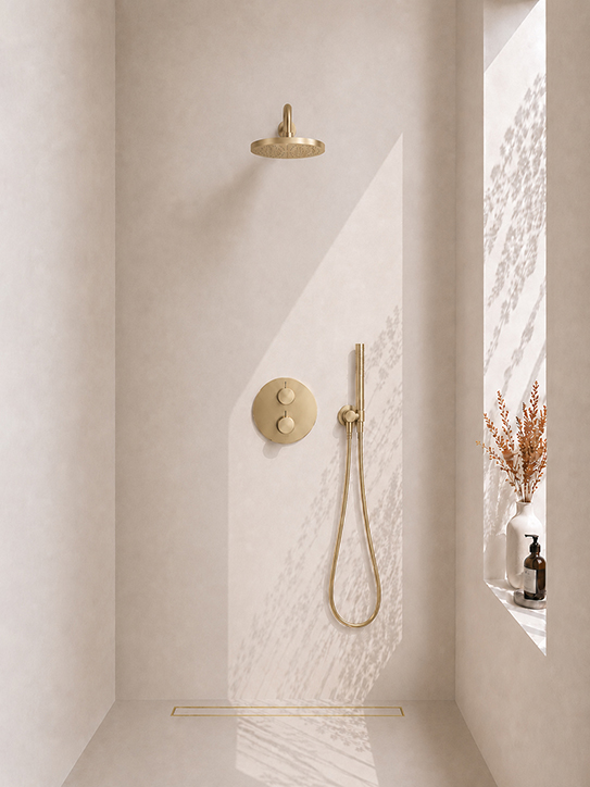 Caral inbouwthermostaat compleet met hoofddouche 25 cm en staafhanddouche geborsteld messing