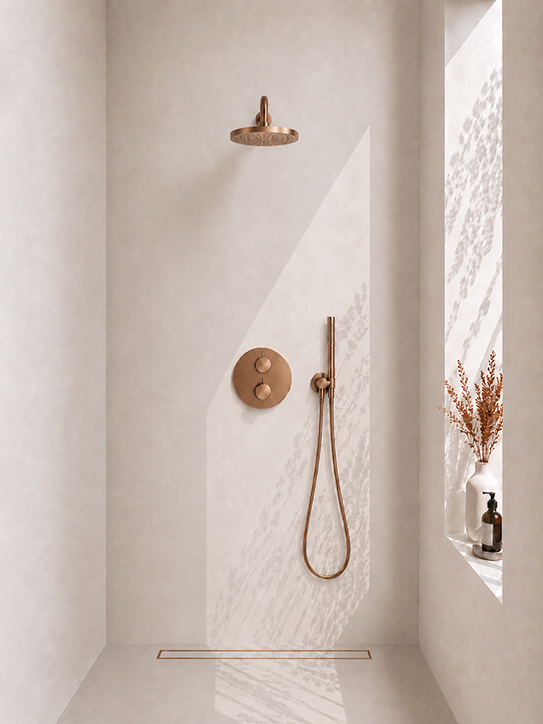 Caral inbouwthermostaat rond compleet met hoofddouche 25 cm en staafhanddouche geborsteld brons koper