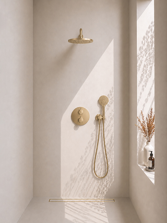 Caral inbouwthermostaat compleet met hoofddouche 30 cm en 3 standen handdouche geborsteld messing