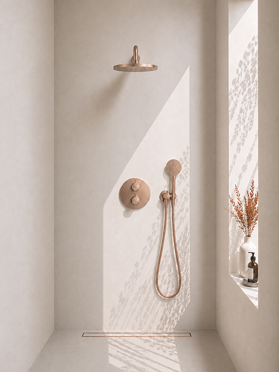 Caral inbouwthermostaat rond compleet met hoofddouche 30 cm en 3 standen handdouche geborsteld brons koper