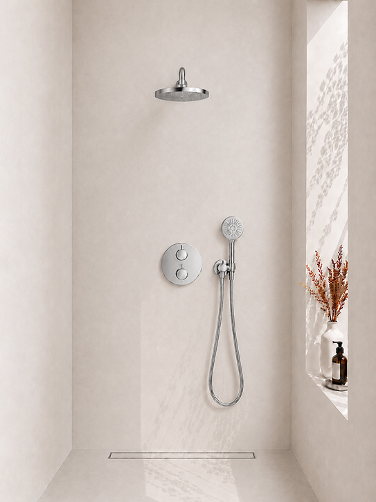 Caral inbouwthermostaat rond compleet met hoofddouche 25 cm en 3 standen handdouche chroom