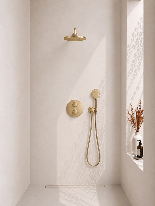 Caral inbouwthermostaat compleet met hoofddouche 25 cm en 3 standen handdouche geborsteld messing