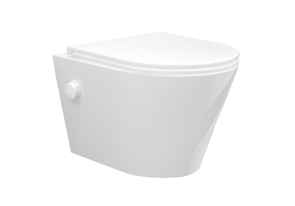 Vesta wandcloset rimless met bidetkraan warm koud water met Flatline toiletzitting glans wit
