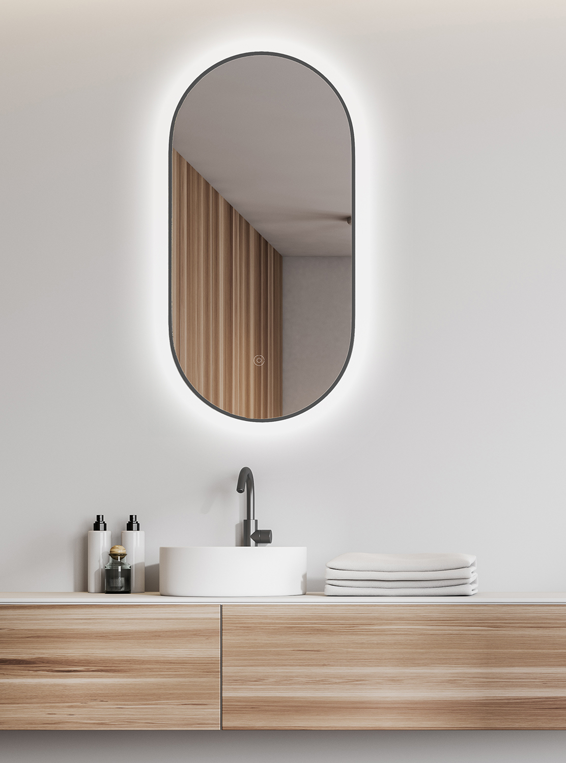 Nomi spiegel met lijst ovaal met LED, dimbaar en spiegelverwarming 50 x 100 cm gunmetal