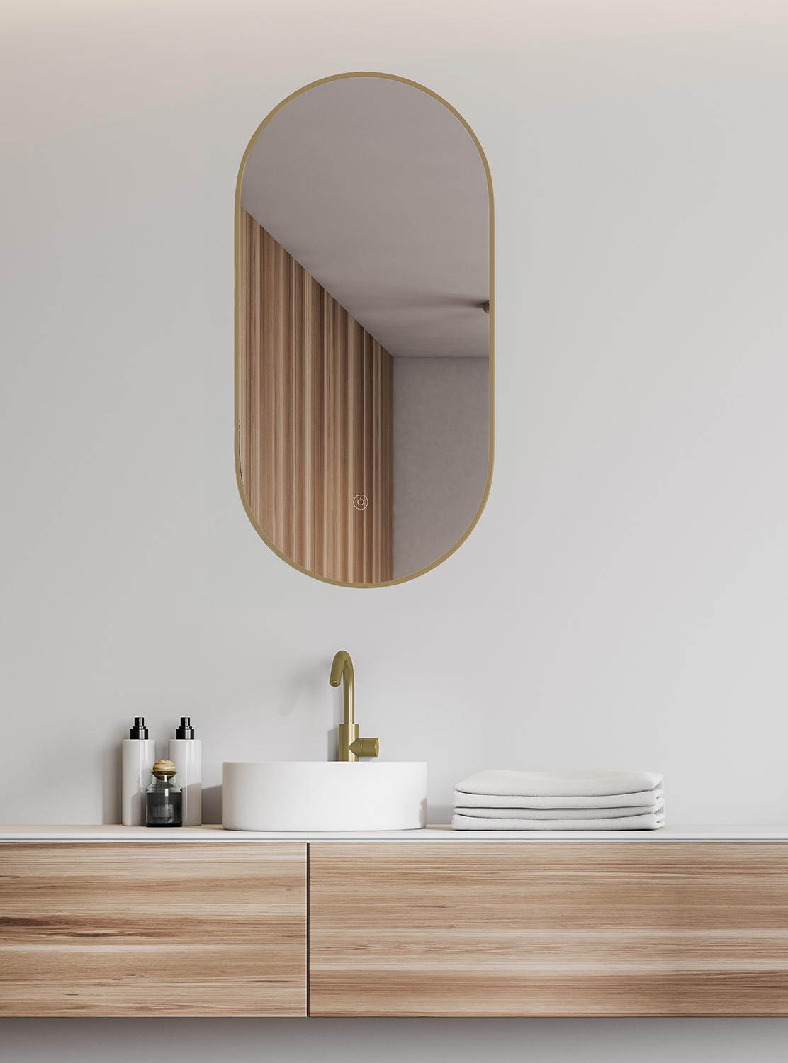 Nomi spiegel met lijst ovaal met LED, dimbaar en spiegelverwarming 50 x 100 cm geborsteld messing - 38.3711