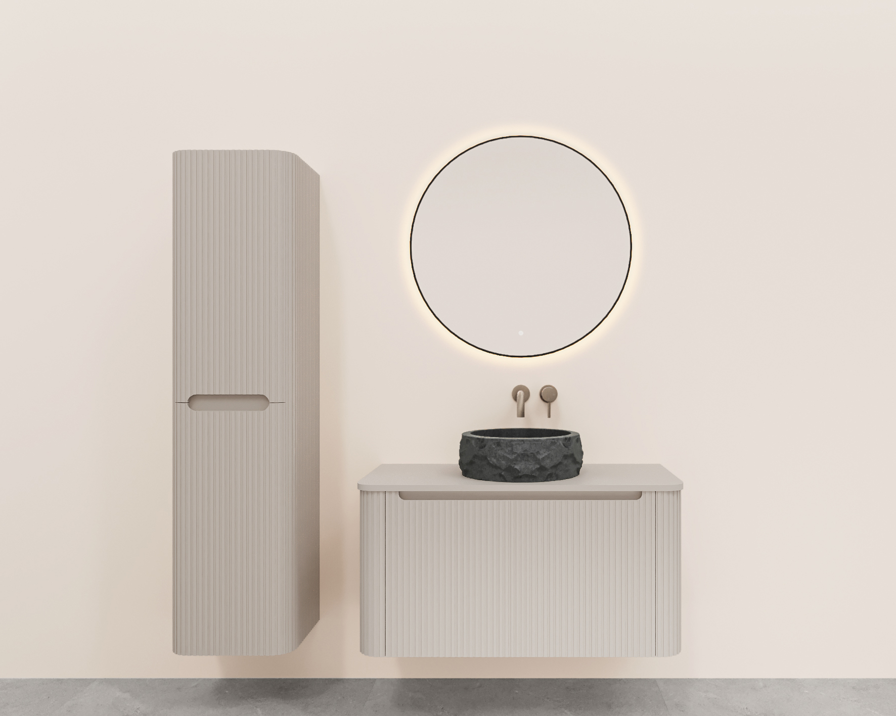 Sulora onderkast afgeronde hoeken geribbeld met 1 lade 1 uitsparing 80 x 48 cm mat beige