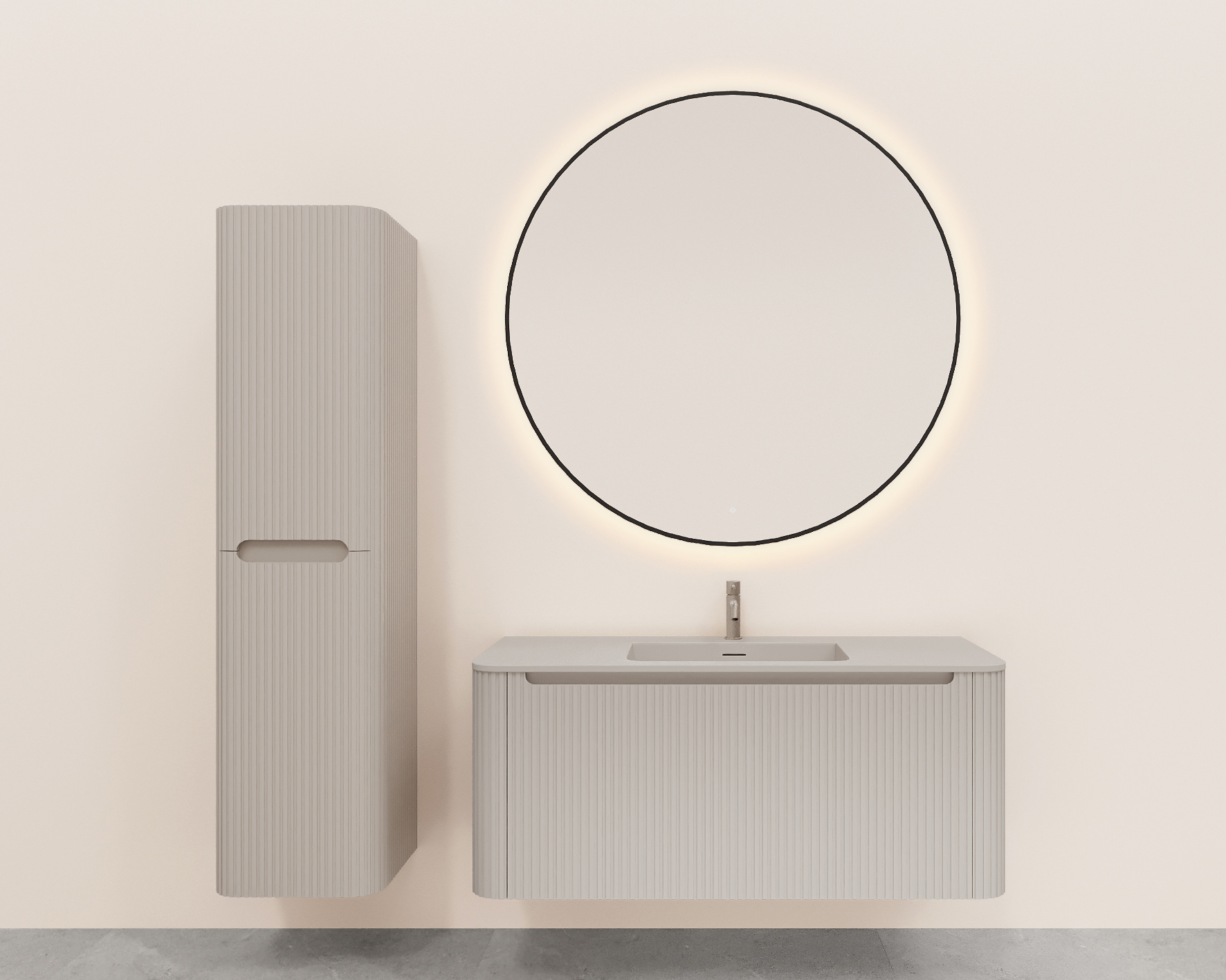 Sulora onderkast afgeronde hoeken geribbeld met 1 lade 1 uitsparing 120 x 48 cm mat beige