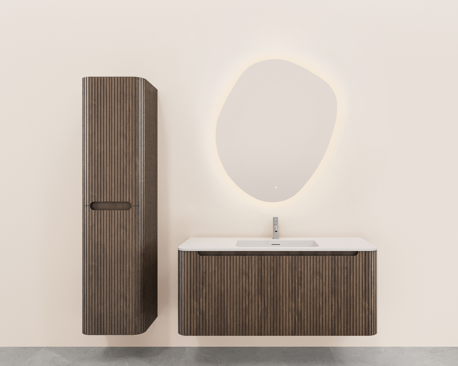 Sulora onderkast afgeronde hoeken geribbeld met 1 lade 1 uitsparing 120 x 48 cm bruin eiken