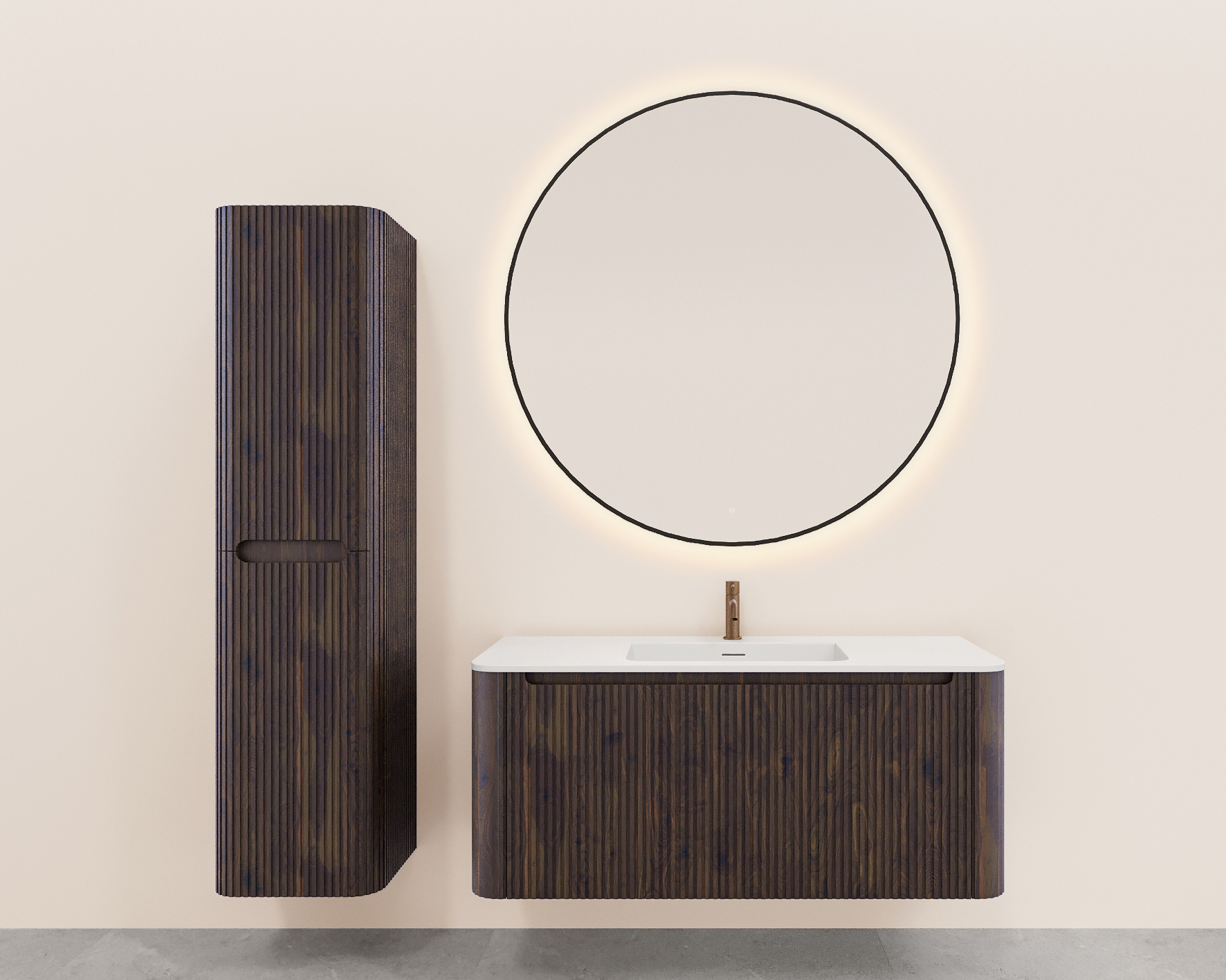 Sulora onderkast afgeronde hoeken geribbeld met 1 lade 1 uitsparing 120 x 48 cm walnoot